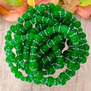 Vibrant Green, Glass Stretch Bead Bracelets with Sparkling Accents, 12 piece set